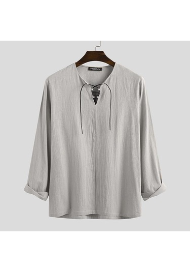 Incerun %100 Pamuk Erkek Uzun Kollu Bağcıklı Gömlek Vintage Düz Renk Rahat Gömlek Üstleri S-xxxxxl Açık Gri