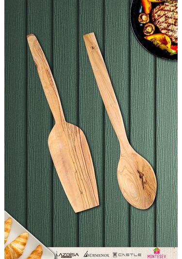 Zeytin Ağacı Ahşap Tahta Kaşık Spatula Seti 2 Parça Zeytin Ağacı Ağaç Kaşık Ynzyt-401 Kahverengi