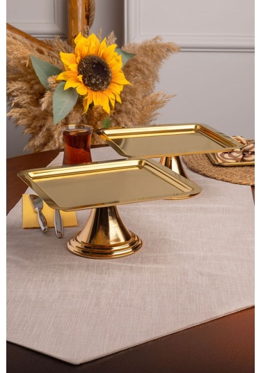 2'li Gold Kare, Ayaklı Şık Kek, Pasta, Kurabiye Ve Tatlı Servis Sunum Standı Gold