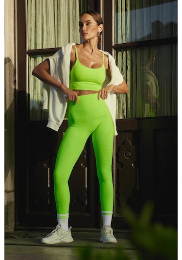 Jerf Gela Yüksek Bel, Esnek Ve Toparlayıcı Spor Tayt Neon Yeşil 001