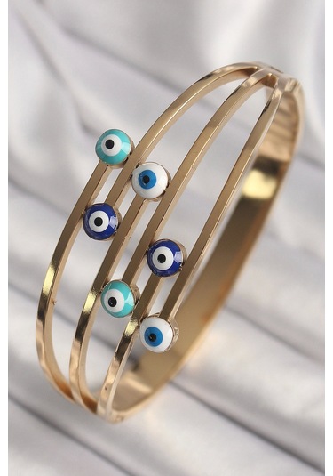 Shoecide 316l Çelik Gold Renk Nazar Boncuklu Kaburga Model Kadın Kelepçe Çok Renkli