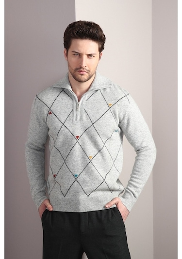 Ferraro A.Gri Fermuarlı Dik Yaka %100 Kuzu Yünü Erkek Kazak Açık Gri (536161083) Açık Gri