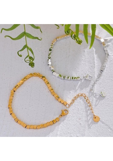 Novahub Gümüş Eetit Cilalı Kare Boncuk El Yapımı Paslanmaz Çelik Şık Bilezik Bileklik Yüksek Kalite Trendy Su Geçirmez Takı Marka Bijoux Gümüş Gümüş