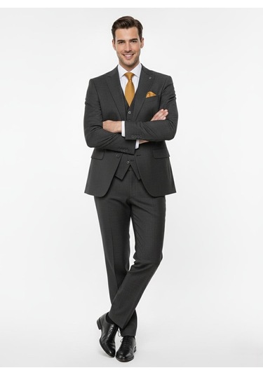 Presto Erkek Slimfit 6 Drop Yelekli Takım Elbise Füme 787-700 Gri