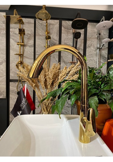 İsaoğlu Yapı Parlak Gold Gizli Spiralli Mutfak Bataryası Altın Spiralli Evye Bataryası Oynar Başlıklı Musluk Gold