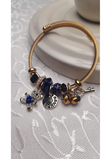 Uzel Çelik Sarı Gold Model Anahtarlı Ayıcık Charmlı Çelik Bileklik Mavi