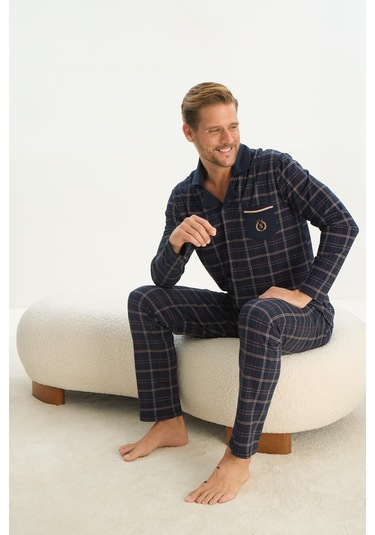 Erkek Uzun Kol Gömlek Yaka Önden Düğmeli Lacivert Pijama Takım C5t3n5o9 001