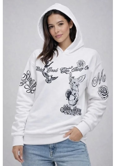 Defymoda 3 İplik Pamuklu Kapüşonlu Baskılı Sweatshirt Hoodie - Beyaz