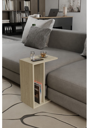 Alpa Ev Mobilya C Tasarım Koltuk Yanı Sehpa, Kitaplıklı Modern Laptop & Kahve Sehpası, Orta Sehpa Traverten