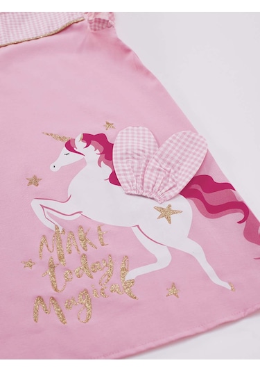 Denokids Mshb&g Kanatlı Unicorn Kız Ekose Pembe Elbise Pembe