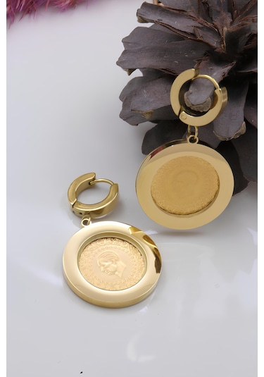 22 Ayar Çeyrek Altınlı Çelik Küpe