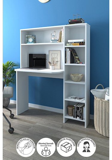 Bofigo Kitaplıklı Çalışma Masası Çocuk Çalışma Masası Bilgisayar Çalışma Masası Beyaz Beyaz