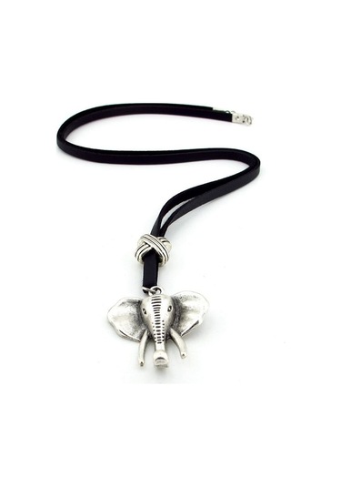 Solfera Fil Elephant Metal Madalyon Orjinal Siyah Deri Erkek Kolye Q0653 Siyah