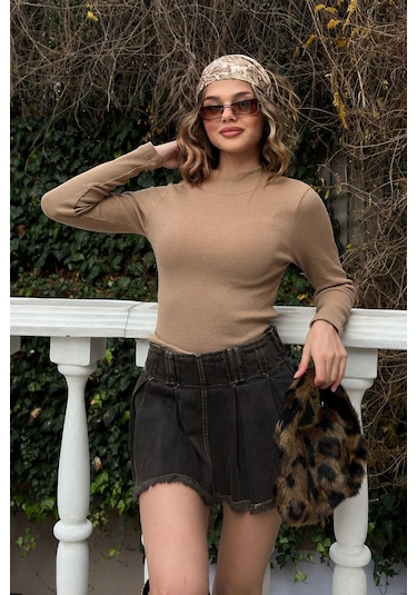 Saks Yarım Balıkçı Şardonlu Fitilli Bluz Sütlü Kahve