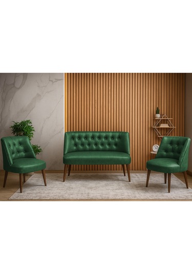 Milano 3 Lü Deri Oturma Grubu 2 Berjer + 1 İkili Koltuk Ofis & Ev Kullanımı Yeşil Yeşil