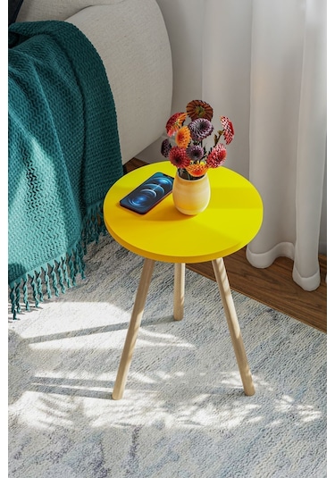 İntergo Yuvarlak Ahşap Ayaklı Tekli Zigon Yan Sehpa Sarı