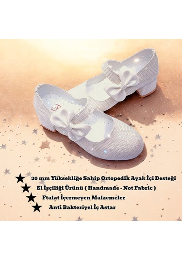 Beebron Ortopedik Topuklu Abiye Kız Çocuk Ayakkabı Shining Series Abiayk2401 Simli Krem Krem
