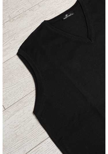 V Yaka Battal Büyük Boy Yünlü Kolsuz Triko Süveter Siyah