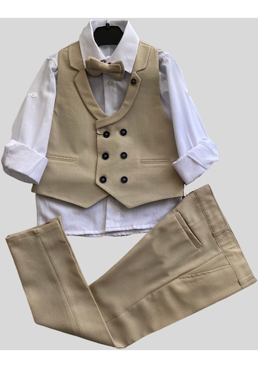 Katlama Detay Yelekli Rozetli Çocuk Takım Elbise Bej
