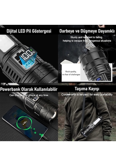 Valkyrie Şarjlı El Feneri 5400mah 30w 9 Mod Powerbank Özellikli 6km Aydınlatma Siyah