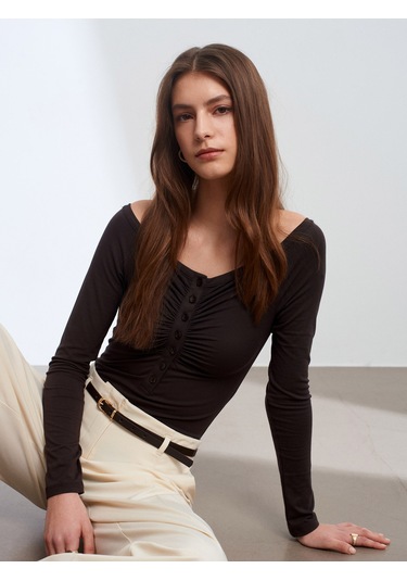 Dilvin 32661 Düğme Detaylı Bodysuit-koyu Kahve Koyu Kahve