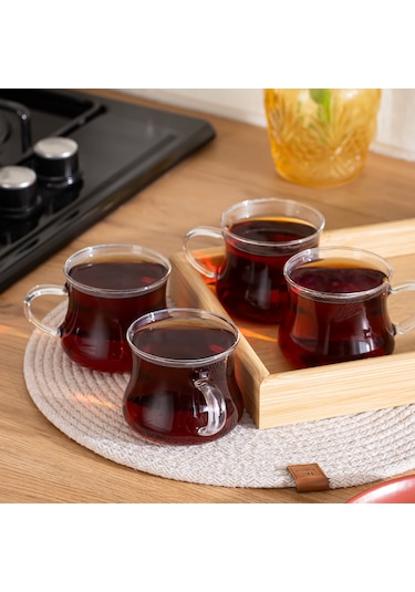 Porsima Pbt-706 Borosilikat Isıya Ateşe Dayanıklı Cam Kulplu 4 Lü Çay Bardağı Kahve Bardak Seti Kupa Şeffaf 250ml Şeffaf