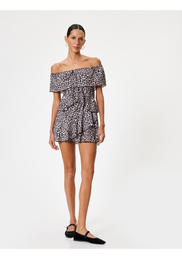 Koton Madonna Yaka Tulum Mini Leopar Desenli Volanlı Kısa Kollu Siyah Desenli 4sal40188ık Siyah
