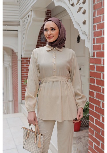 Taş Düğme Detaylı Takım Bej Bej