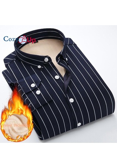 Rahat Up Erkekler Rahat Polar Şerit Gömlek Termal Düğme Yukarı Uzun Kollu Sıcak Gömlek Erkekler İçin Mavi