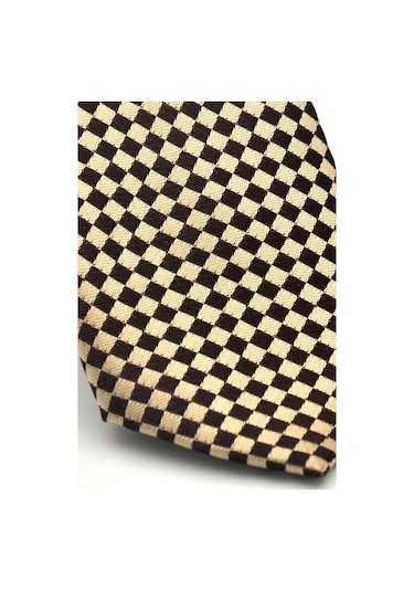 Kahverengi Piti Kare Desenli Bej Dokuma Kumaş Mendilli Slim Fit Kravat // Sdk-2503-5 Bej