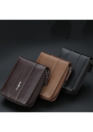 Zyzqstore Erkek Baellerry Küçük Cüzdan Toka Çoklu Kart Bozuk Para Üç Katlı Fermuarlı Koyu Kahve Koyu Kahverengi Cüzdan Koyu Kahverengi