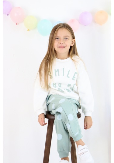Kız Çocuk Smile And Happy Baskılı Kalın Eşofman Takımı Beyaz