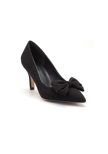 Büyük Beden Kadın Stiletto İnce Topuklu Ayakkabı Siyah Saten Fiyonklu-4295 Siyah