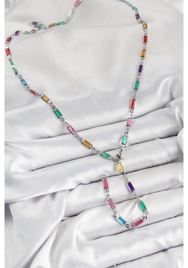 Pirinç Renkli Zirkon Taşlı Dikdörtgen Model Gümüş Renk Kadın Y Kolye Çok Renkli