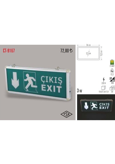 Cata Ct-9167 Acil Çıkış Exit Yönlendirme Armatür Levhası Led Yeşil