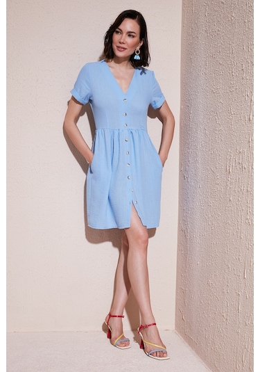 Lela Cepli Önü Düğmeli Kısa Kollu V Yaka Regular Fit Bayan Elbise 611El222 Bebe Mavi