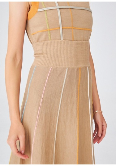 Peraluna Çizgili Yüksek Bel Bol Kesim Diz Altı Kadın Triko Etek C Camel