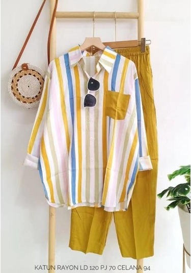 M-5xl Kadın Giyim İlkbahar Yaz Uzun Kollu Üst + Pantolon Yeni Çizgili Tek Sıra Yaka Gömlek + Geniş Paça Pantolon 2 Adet Sarı