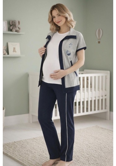 Mecit Pijama Mecit 6352 Lacivert 3'lü Hamile Lohusa Pijama Takımı