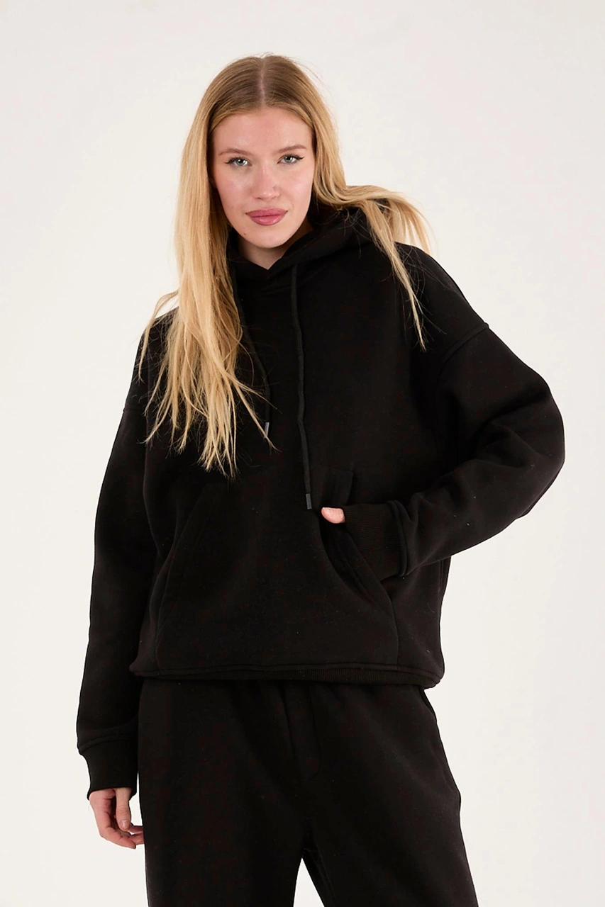 Q-4008 Kapüşonlu Üç İp Şardonlu Sweat Siyah