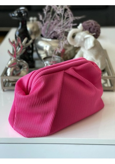 Fuşya, Piliseli Çizgi Detaylı El Çantası Fuşya