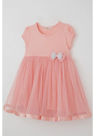 Breeze Kız Çocuk Elbise Tüllü Simli Fiyonk Aksesuarlı 2-6 Yaş, Somon SOMON