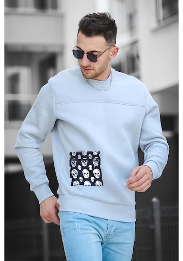 Trc 2173 Üç İplik Şardonlu Kuru Kafa Baskılı Cep Detaylı Erkek Sweatshirt 001