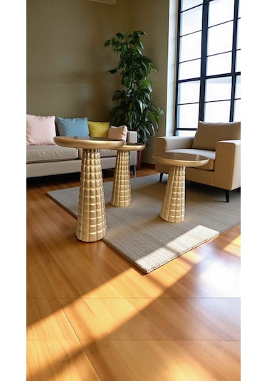 Altın Detaylı Ahşap Mantar Sehpa 3 Lü Takım Yan Sehpa Seti