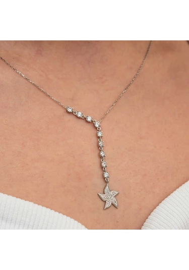 Kenpazar Gümüş Sıralı Zirkon Taşlı Deniz Yıldızı Kadın Kolye Çok Renkli