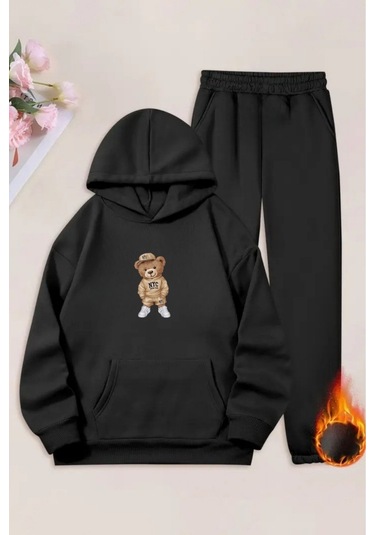 Unisex Siyah Nyc Ayıcık Baskılı Eşofman Kapüşon- Kışlık Şardonlu Kumaş Siyah