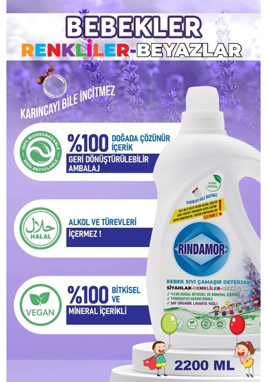 % 100 Doğal Bitkisel Bebek Sıvı Çamaşır Deterjanı Organik Lavanta Yağlı 2200 ML