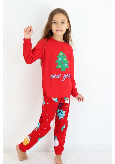 Kız Çocuk Orta Kalınlıkta Basic Baskılı Pijama Takımı Kırmızı