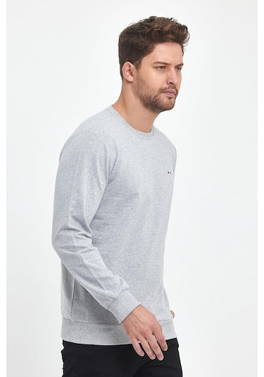 MMetalic Erkek Gri Bisiklet Yaka Nakış Detaylı Regular Fit Sweatshirt 001