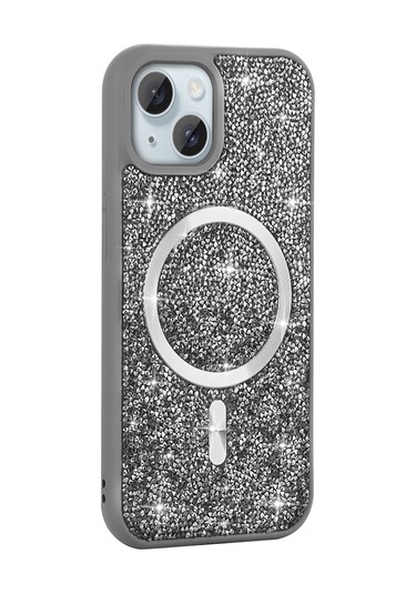 Ardemix İphone Uyumlu 14 Kılıf Pırlanta Tasarımlı Magsafe Şarj Özellikli Mozaik Silikon Kap Gri